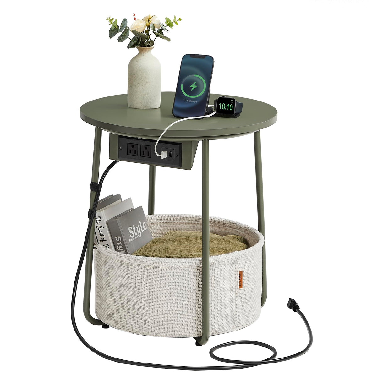 VASAGLE LILEA round side table with forest green fabric basket, ideal for sofa-side storage.