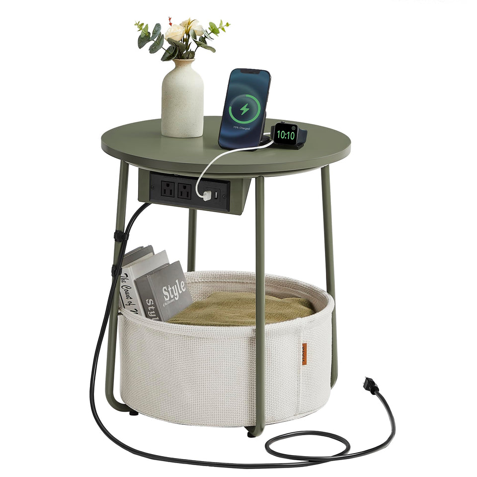 VASAGLE LILEA round side table with forest green fabric basket, ideal for sofa-side storage.