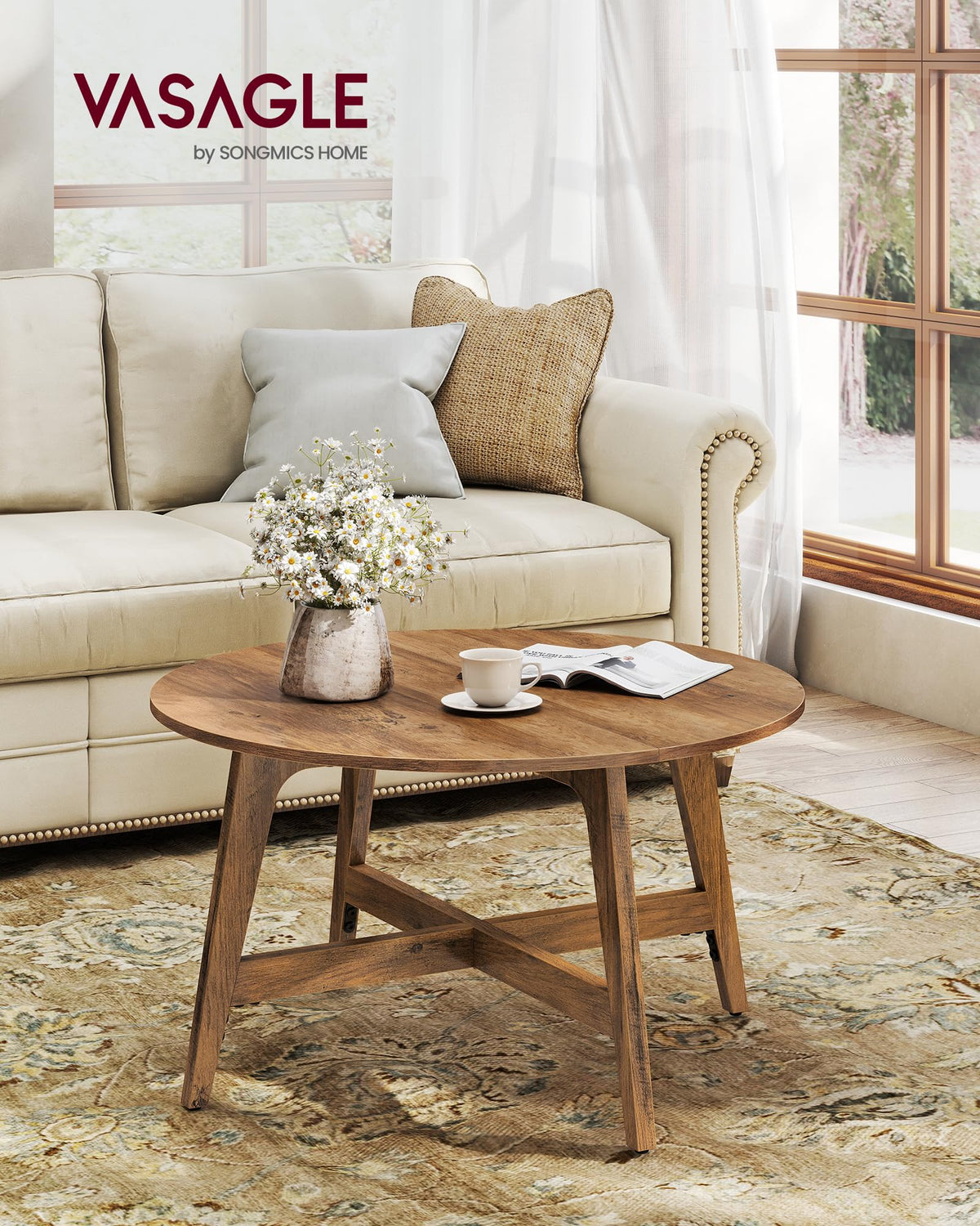 VASAGLE MAEZO round coffee table showing tapered legs for a sleek look