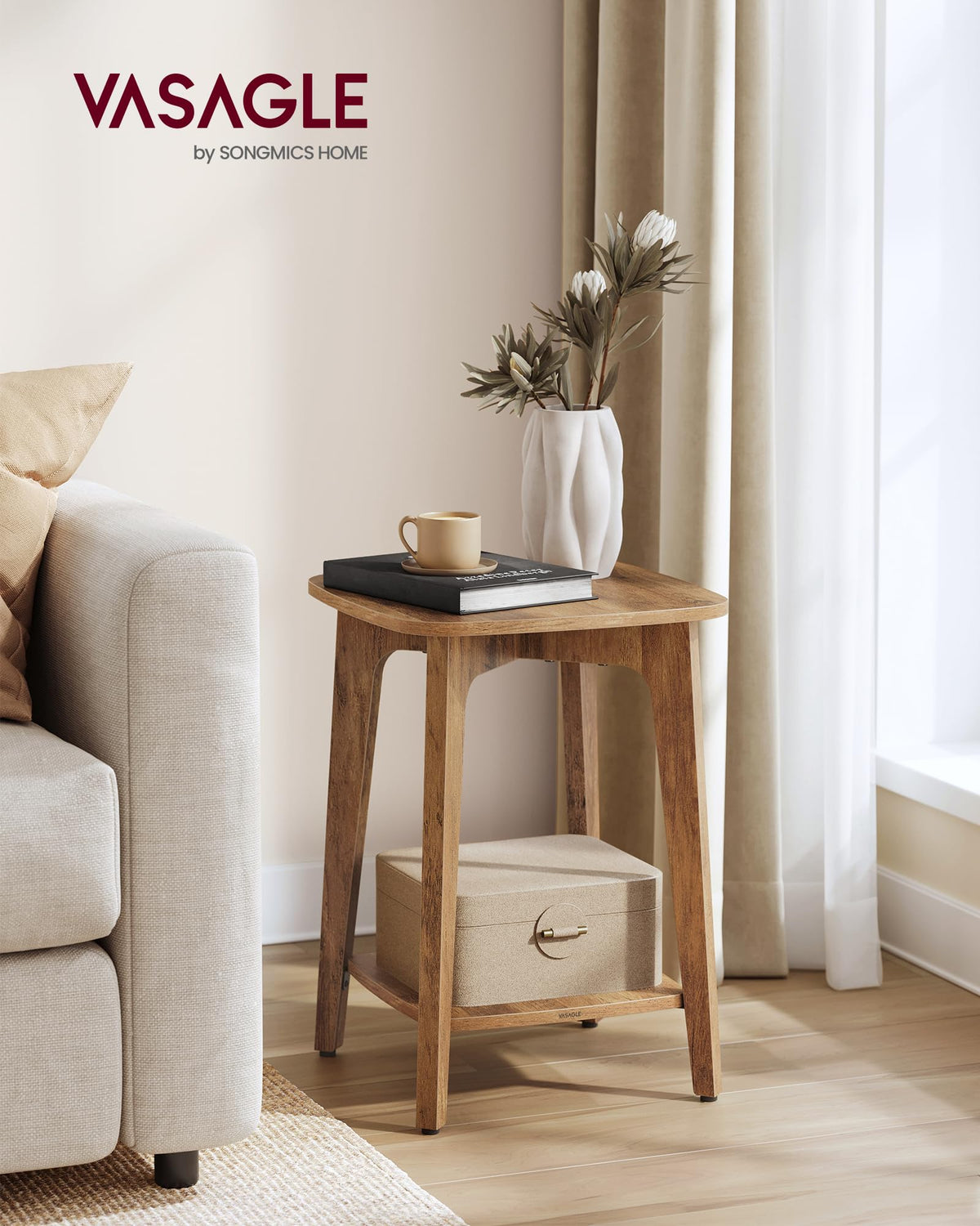 VASAGLE MAEZO side table lower shelf showing storage for books and remotes.