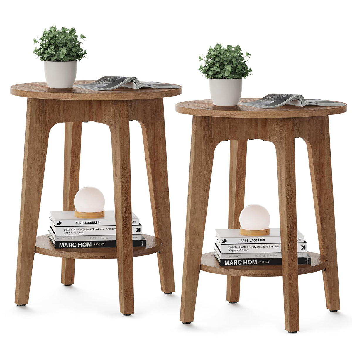 VASAGLE MAEZO side table with round top in honey brown beside sofa for drinks