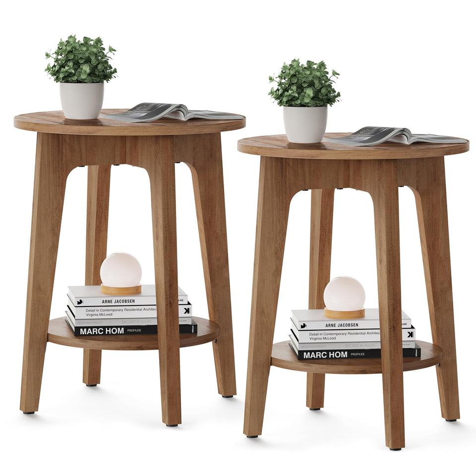 VASAGLE MAEZO side table with round top in honey brown beside sofa for drinks