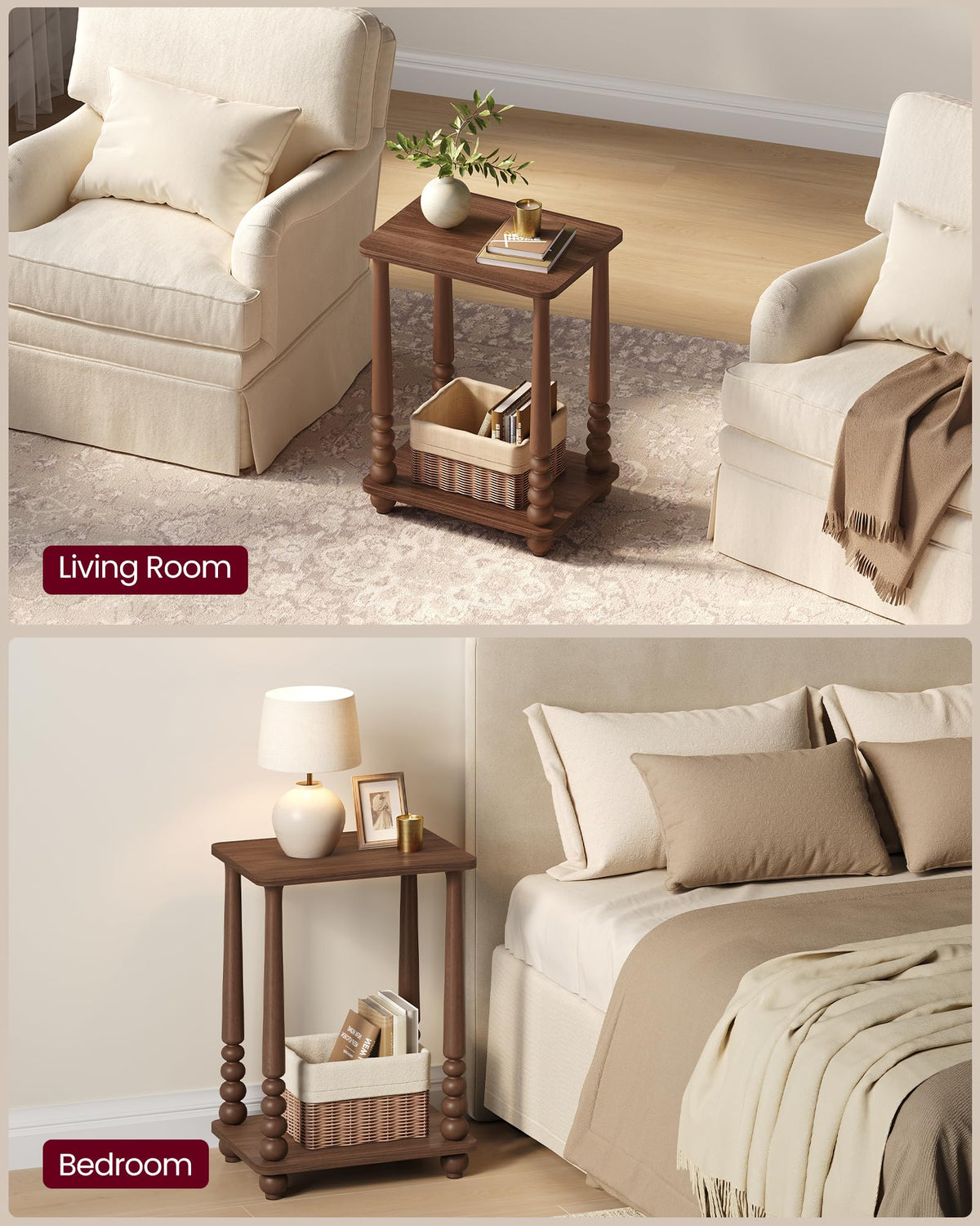 VASAGLE Mariel side table dimensions guide shows 11.8 deep by 15.7 wide