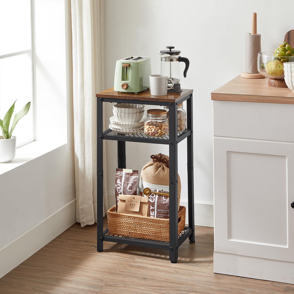 VASAGLE mesh shelves closeup reveals breathable storage and easy access.