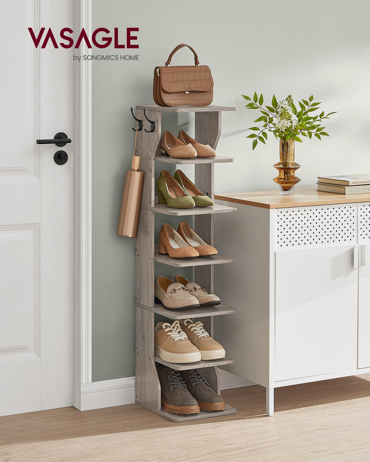 VASAGLE narrow shoe rack with hooks for keys and small items.
