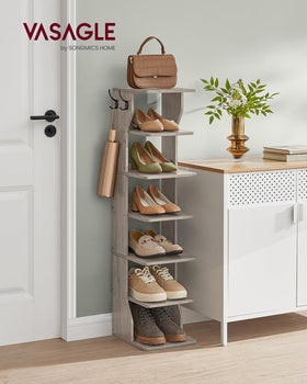 VASAGLE narrow shoe rack with hooks for keys and small items.