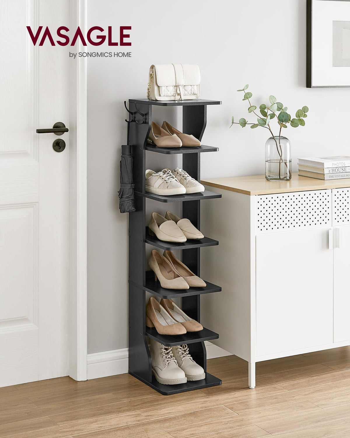 VASAGLE narrow shoe storage hooks side view demonstrates quick grab-and-go use.