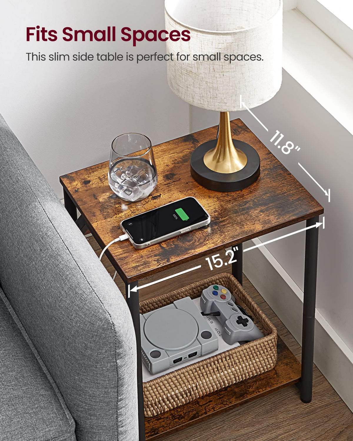 VASAGLE narrow side table ideal for small spaces beside a chair