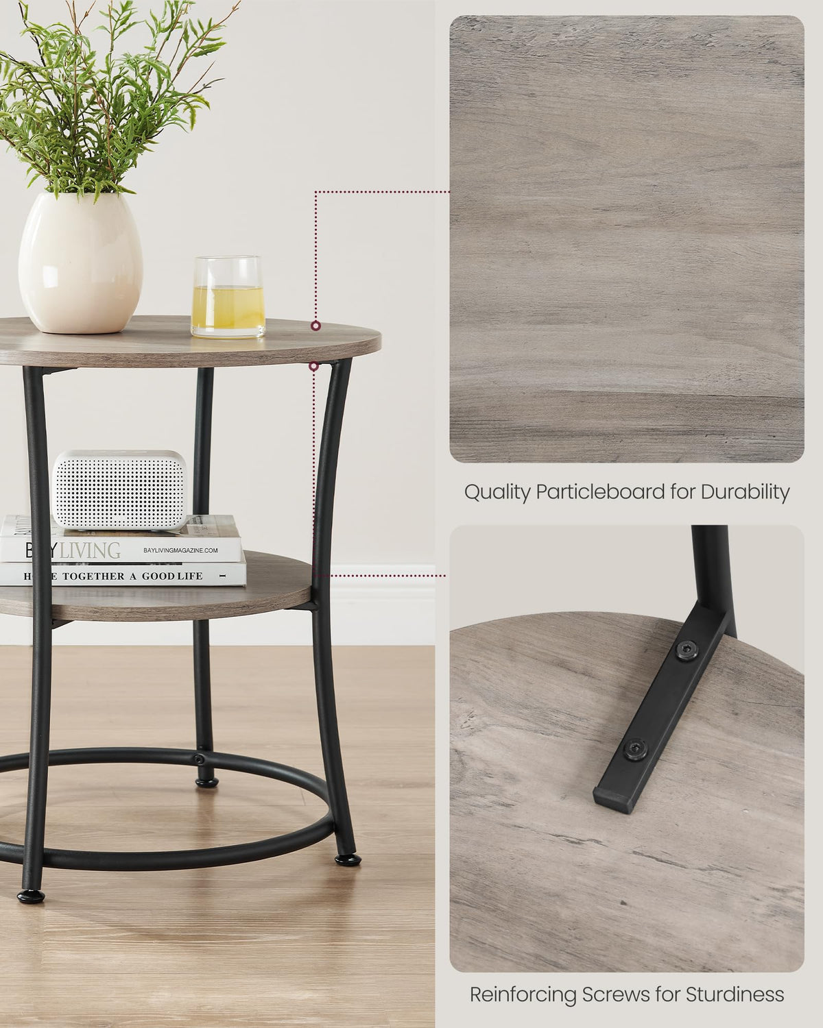 VASAGLE nightstand showing easy assembly with simple parts.