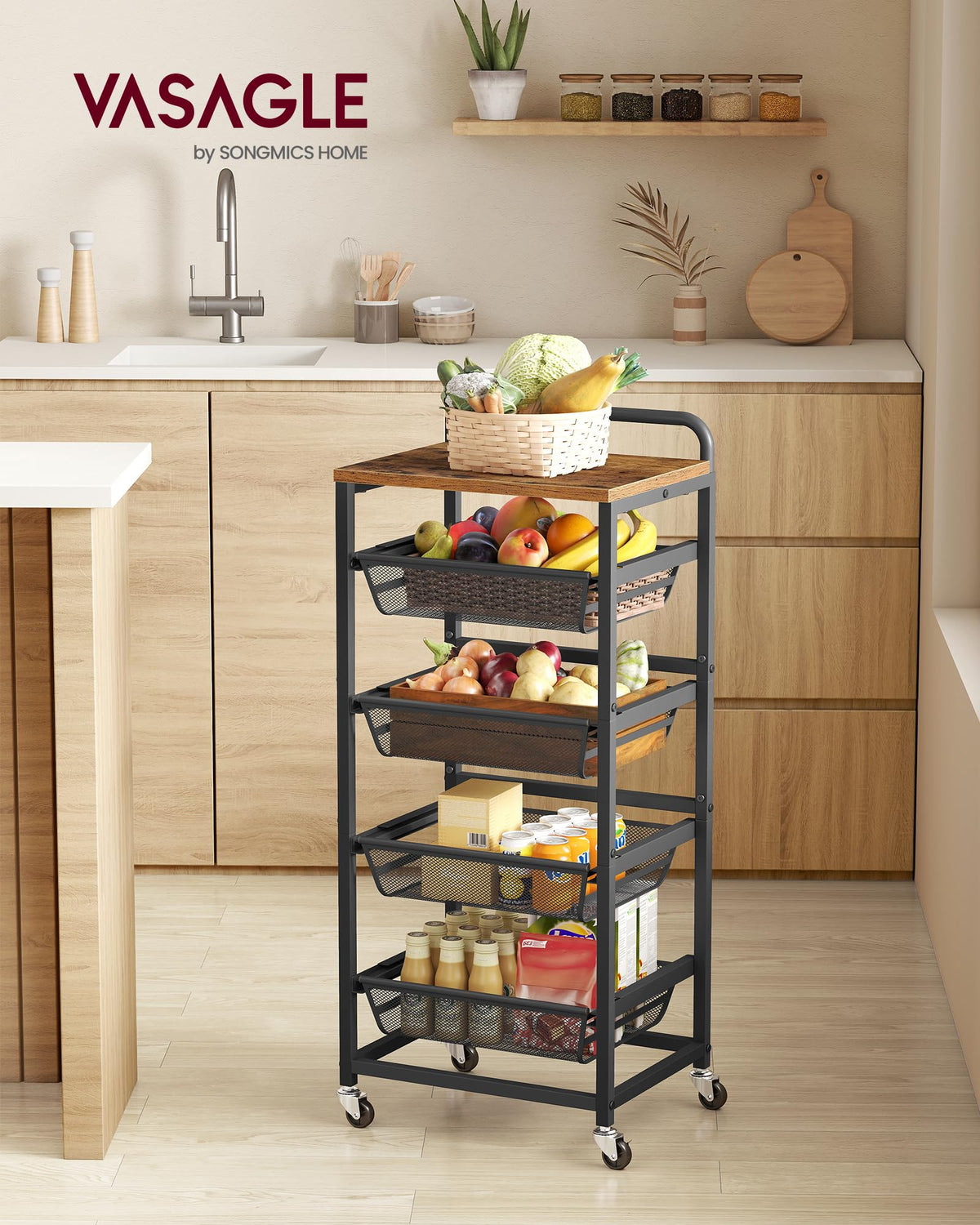 VASAGLE pull-out baskets demonstrate quick access to snacks and produce.