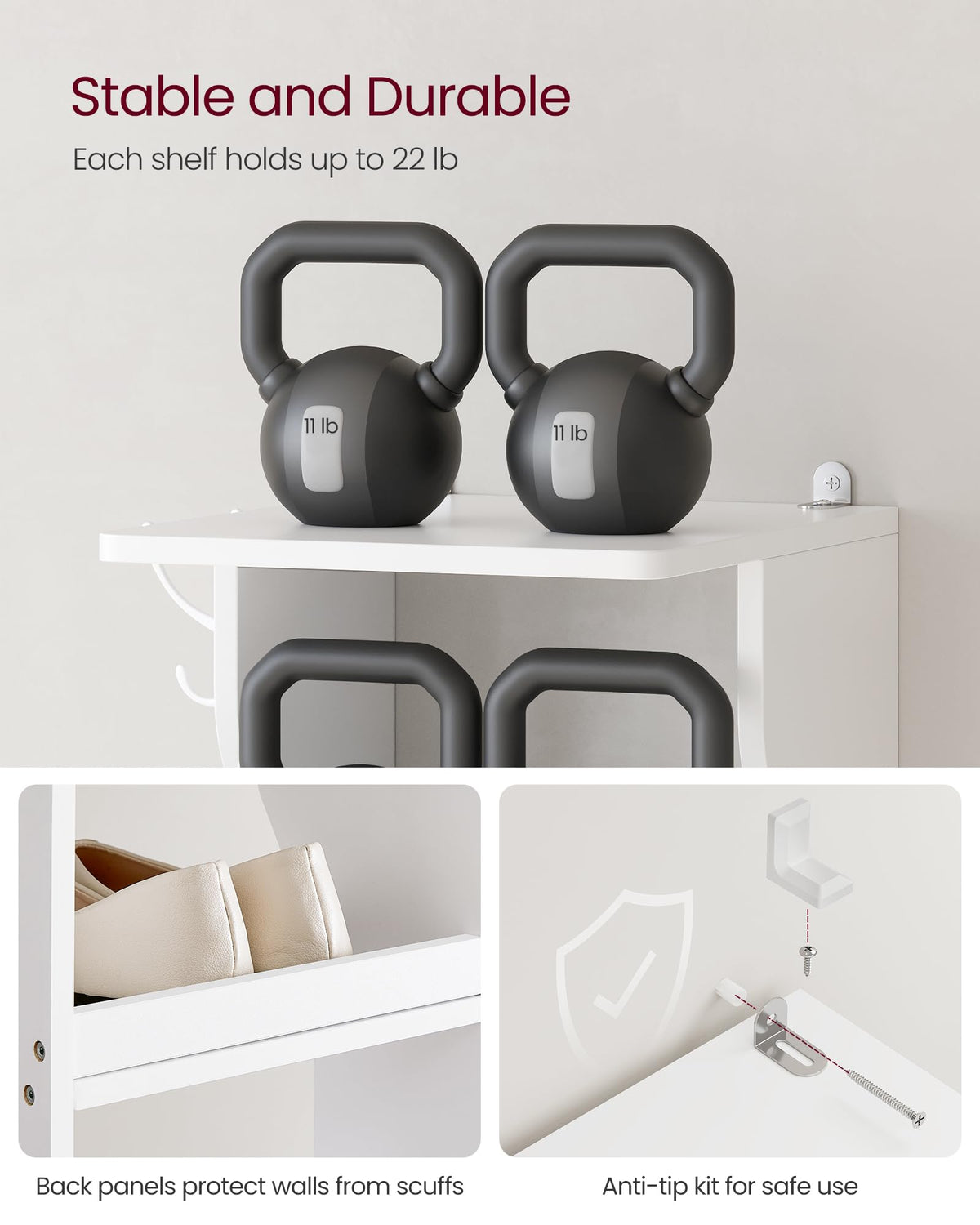 VASAGLE raised back and anti-tip kit protect walls and stabilize the unit.