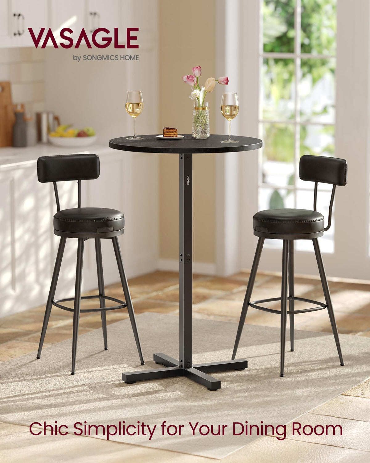 VASAGLE round cocktail table with metal frame, side angle showing stability.