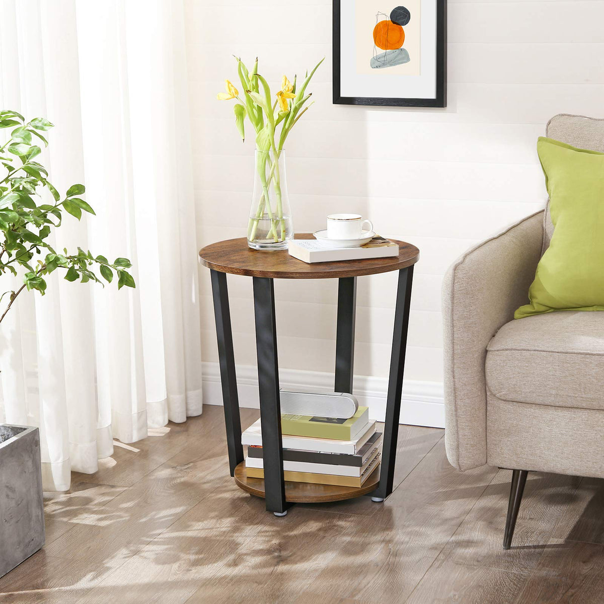 VASAGLE round end table with ink black frame complements modern decor while providing storage.