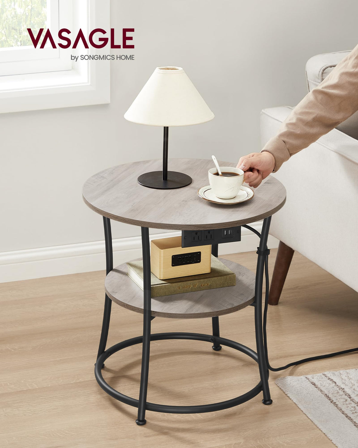 VASAGLE round shelves and steel frame showing two-tier storage for compact spaces.
