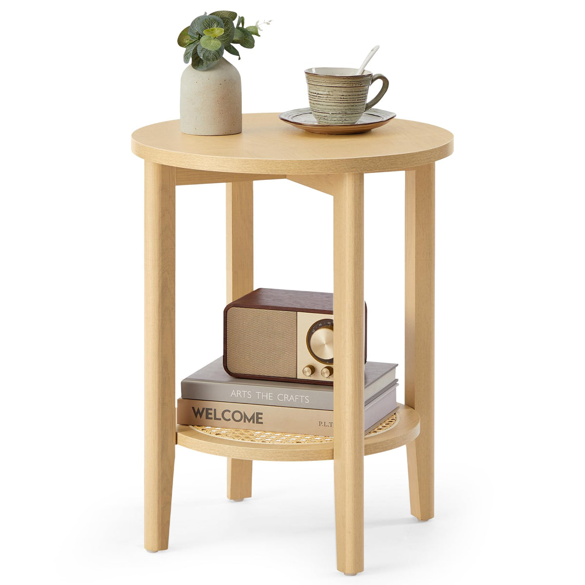 VASAGLE Round Side End Table with two-tier boho design, ideal for small spaces.