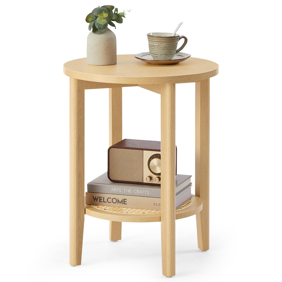 VASAGLE Round Side End Table with two-tier boho design, ideal for small spaces.