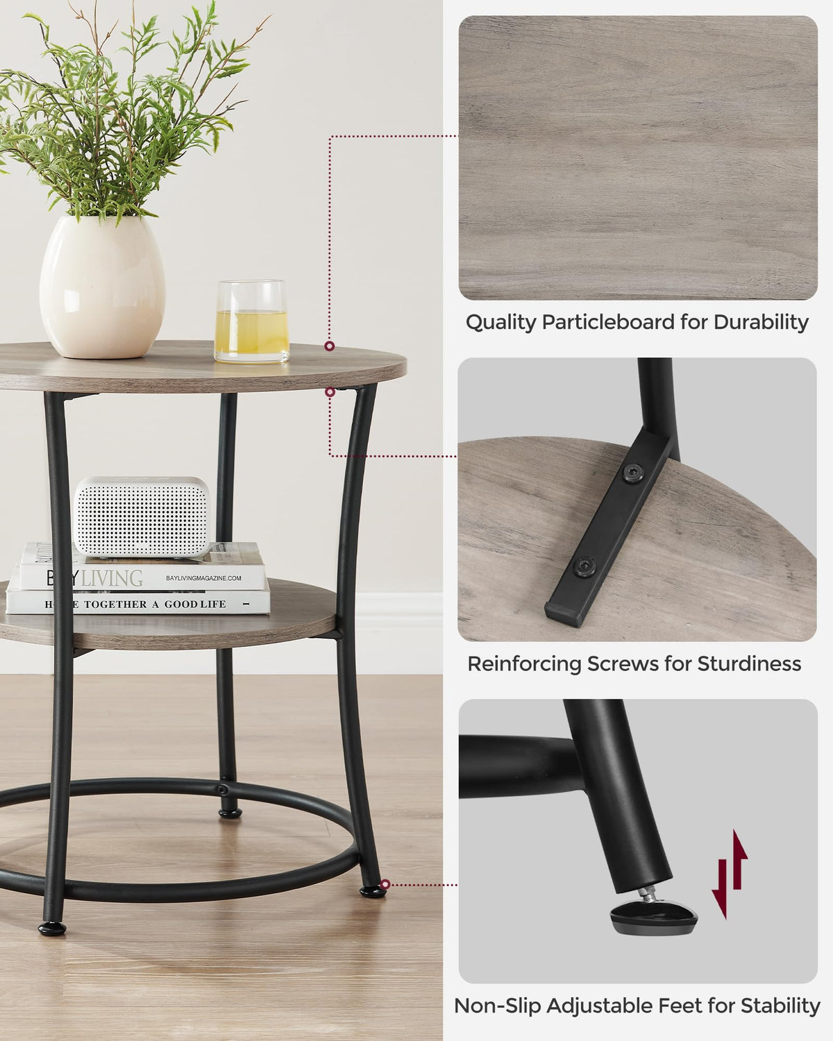 VASAGLE round side table adjustable feet — keeps the table level on uneven floors.