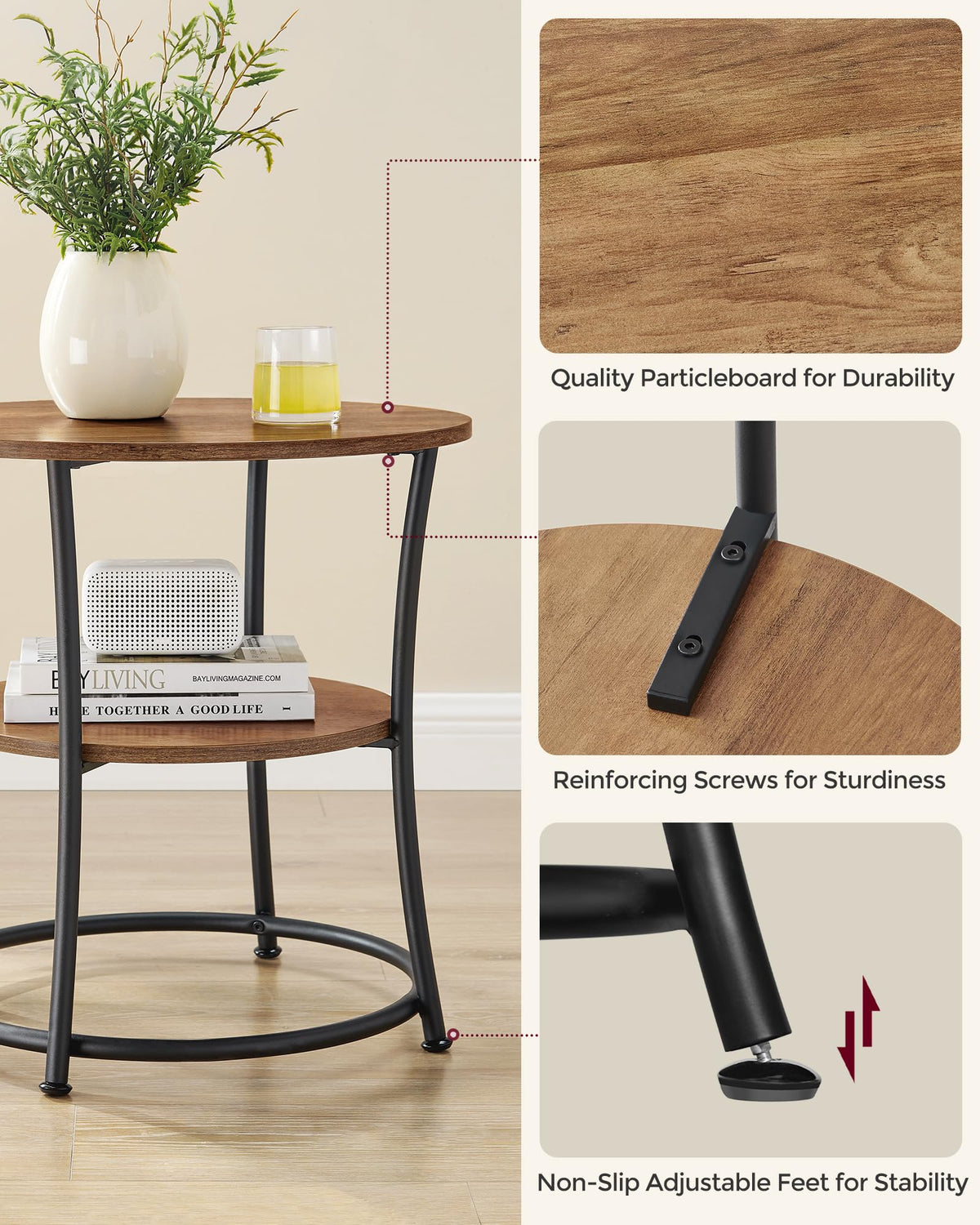VASAGLE nightstand with adjustable feet keeps balance on uneven floors