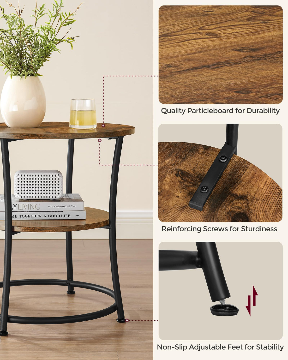VASAGLE round side table adjustable feet stabilize on uneven floors