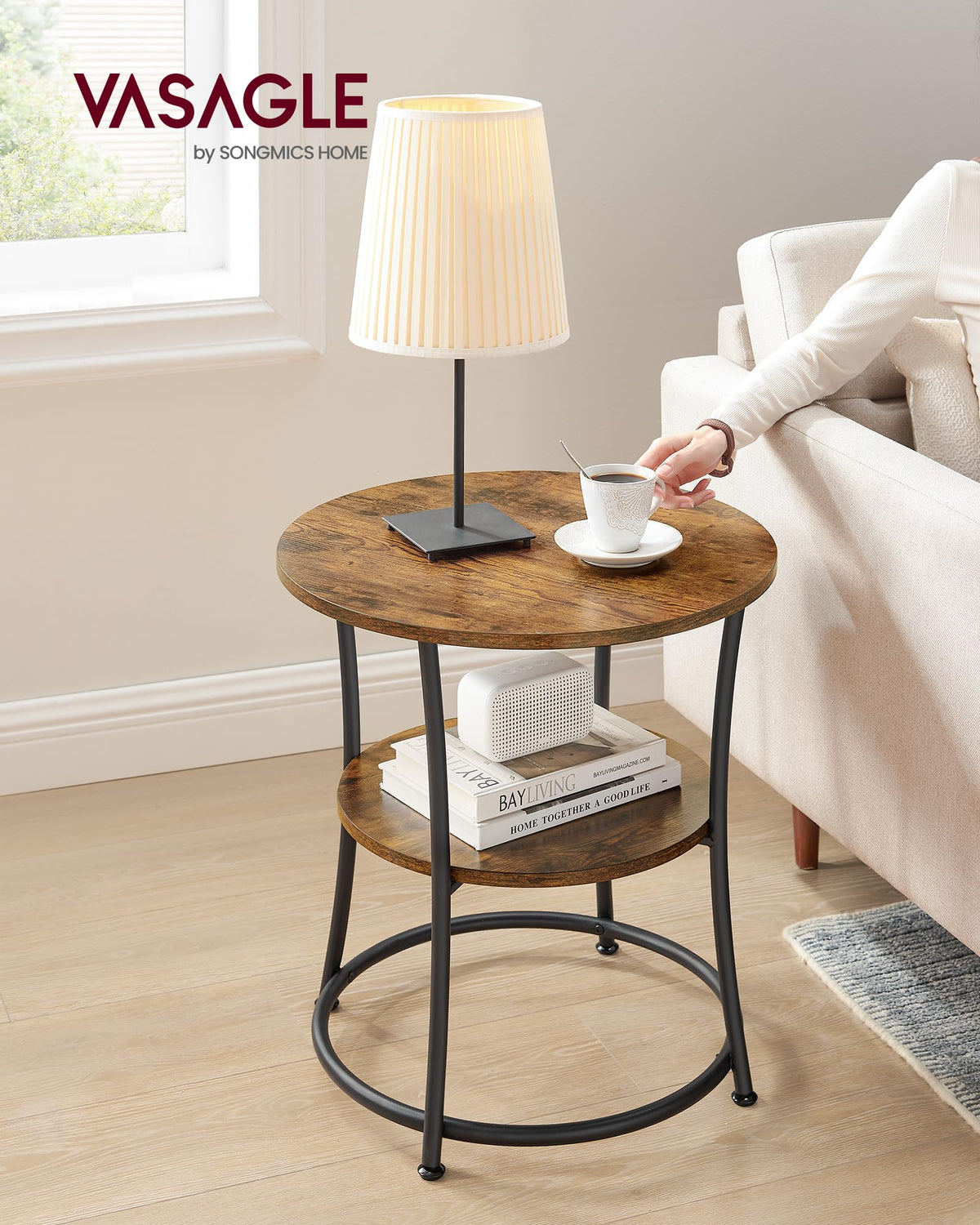 VASAGLE round side table bottom shelf for extra storage and organization