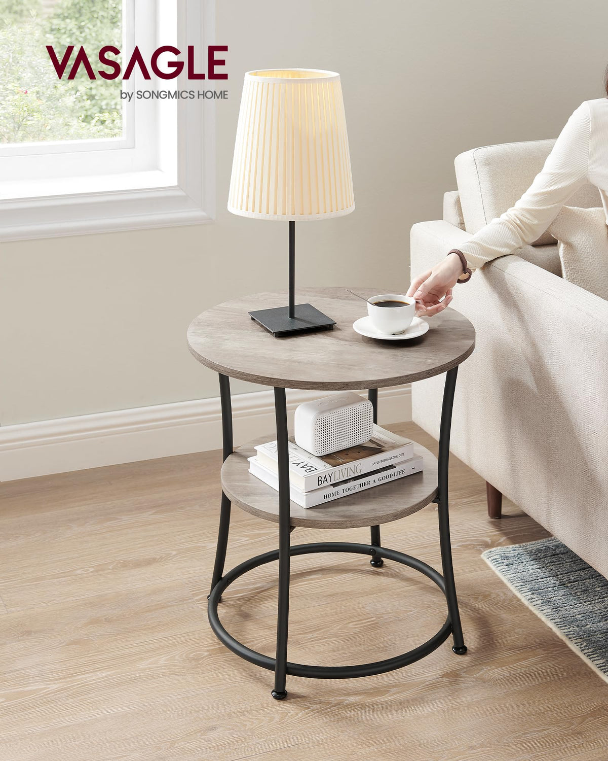 VASAGLE round side table second shelf detail — extra storage for remotes and magazines.