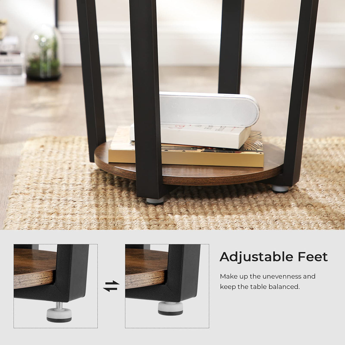 VASAGLE round end table with storage shelf helps keep essentials organized.