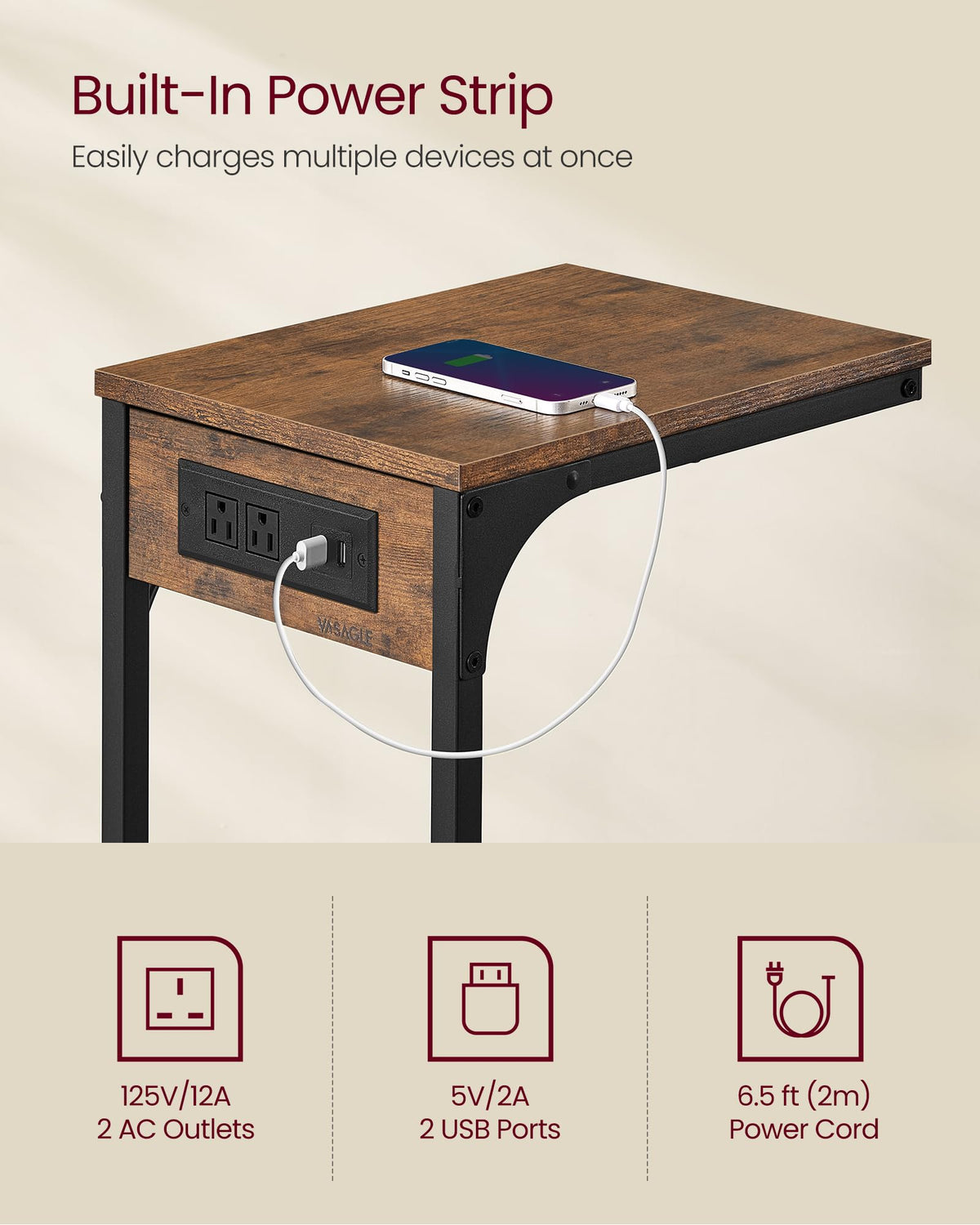 VASAGLE rustic brown c-table, sturdy steel frame provides durable support for daily use