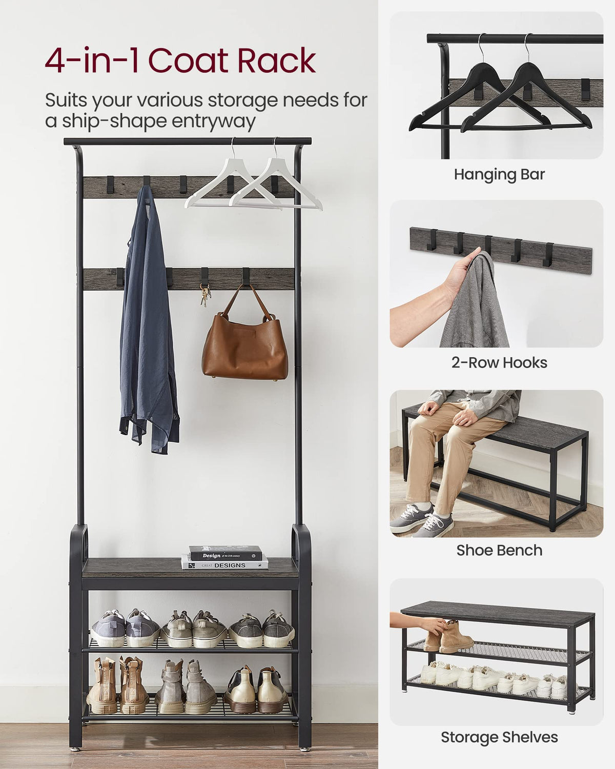VASAGLE shoe bench and storage open, showcasing space for daily footwear.