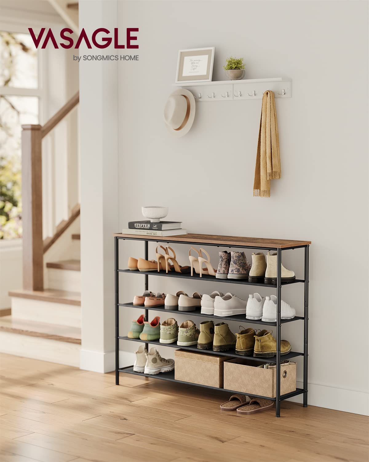 VASAGLE shoe rack with four fabric shelves demonstrating adjustable spacing for sizes