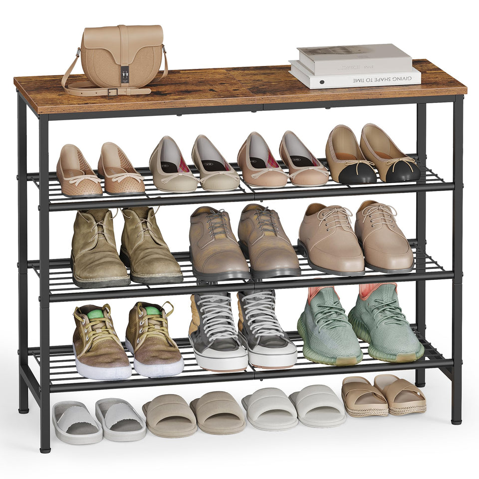 VASAGLE shoe rack, 4-tier rustic brown and ink black, ideal for organizing 12–16 pairs.
