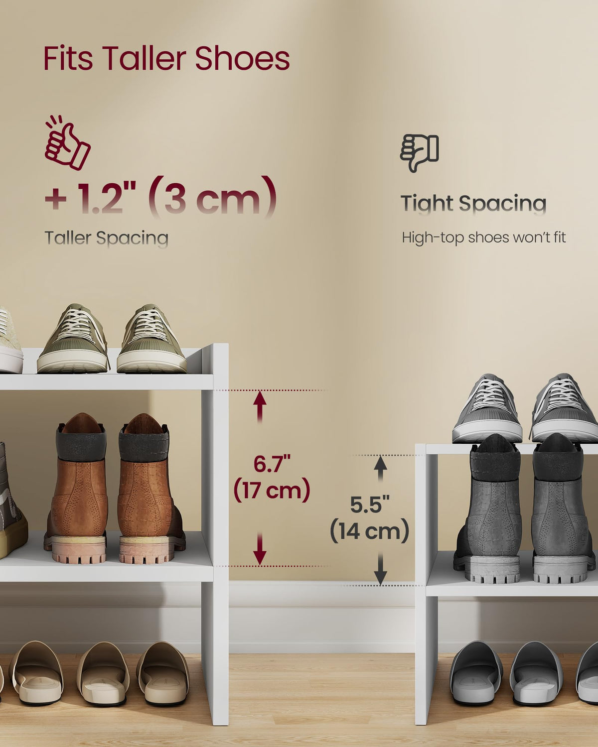 VASAGLE shoe rack front view in white emphasizes sturdy frame and raised edges for stability.