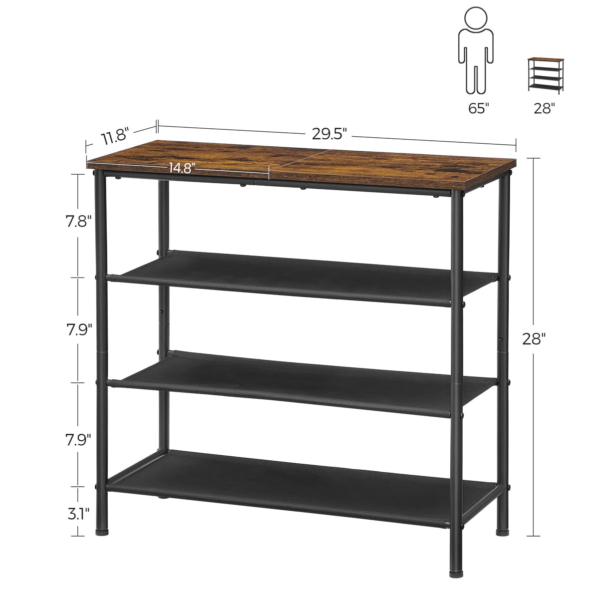 VASAGLE shoe rack shelf spacing 7-9 inches fits heels and high tops.