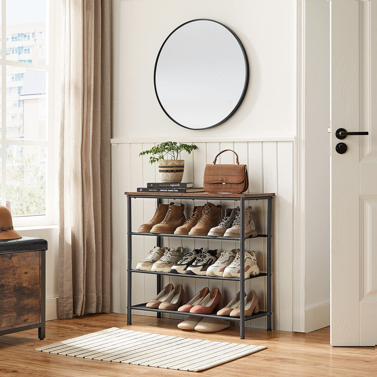 VASAGLE shoe rack side view highlights sturdy steel frame for stability.