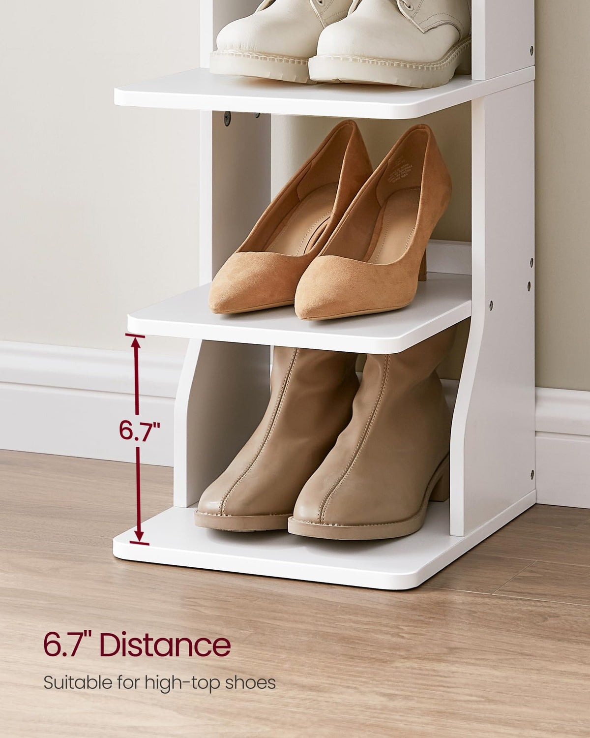 VASAGLE shelves show 6.7-inch spacing for tall shoes.
