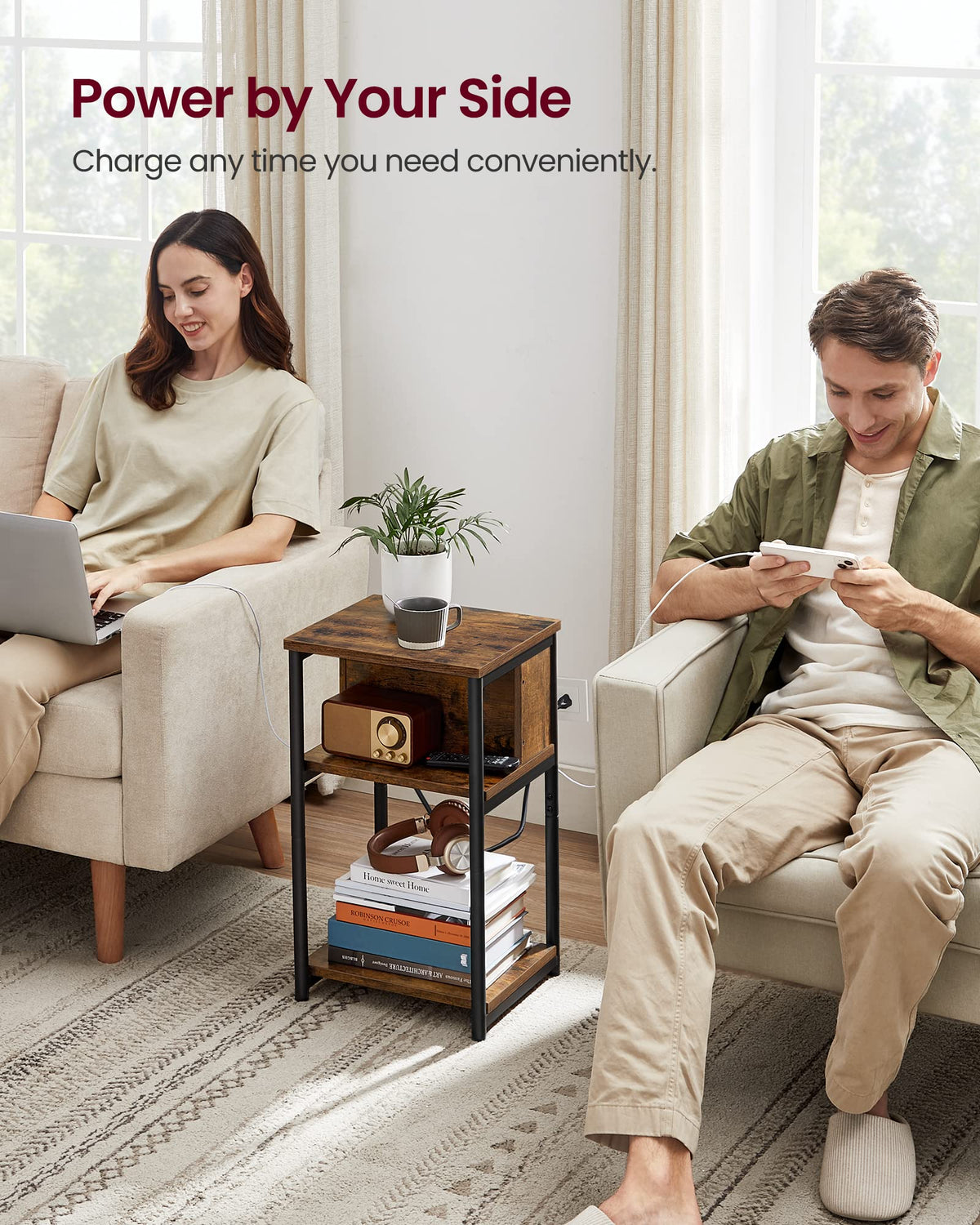 VASAGLE power panel keeps cables tidy around living room furniture.