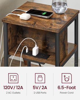 VASAGLE three-tier shelves hold remotes books and a lamp within easy reach.