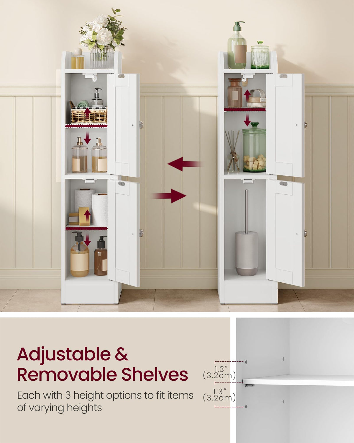 VASAGLE Siren cabinet interior with adjustable shelves for tall bottles or jars.