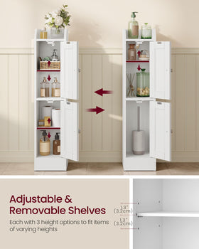 VASAGLE Siren cabinet interior with adjustable shelves for tall bottles or jars.