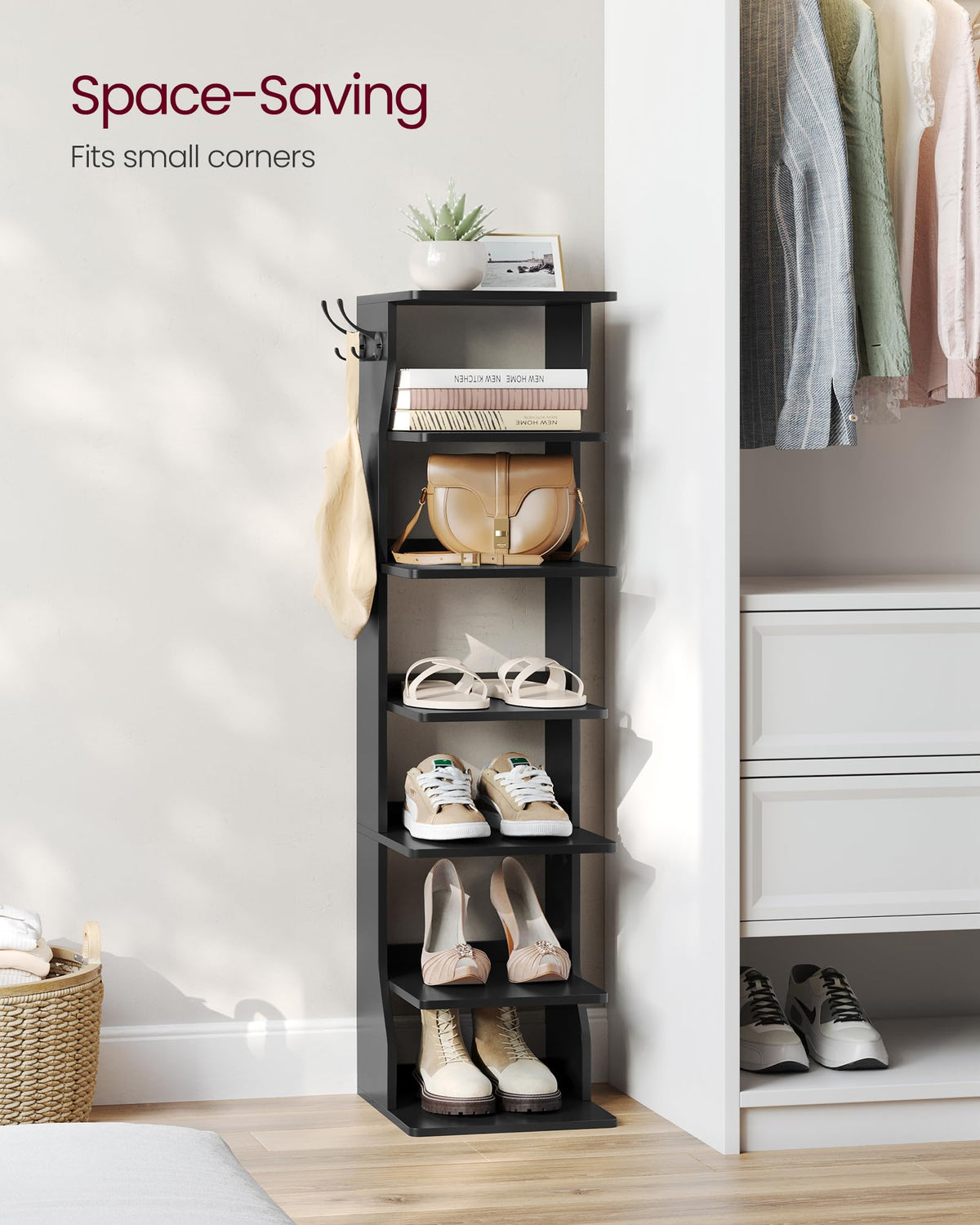 VASAGLE slim corner tower shelf in room shows efficient corner placement.