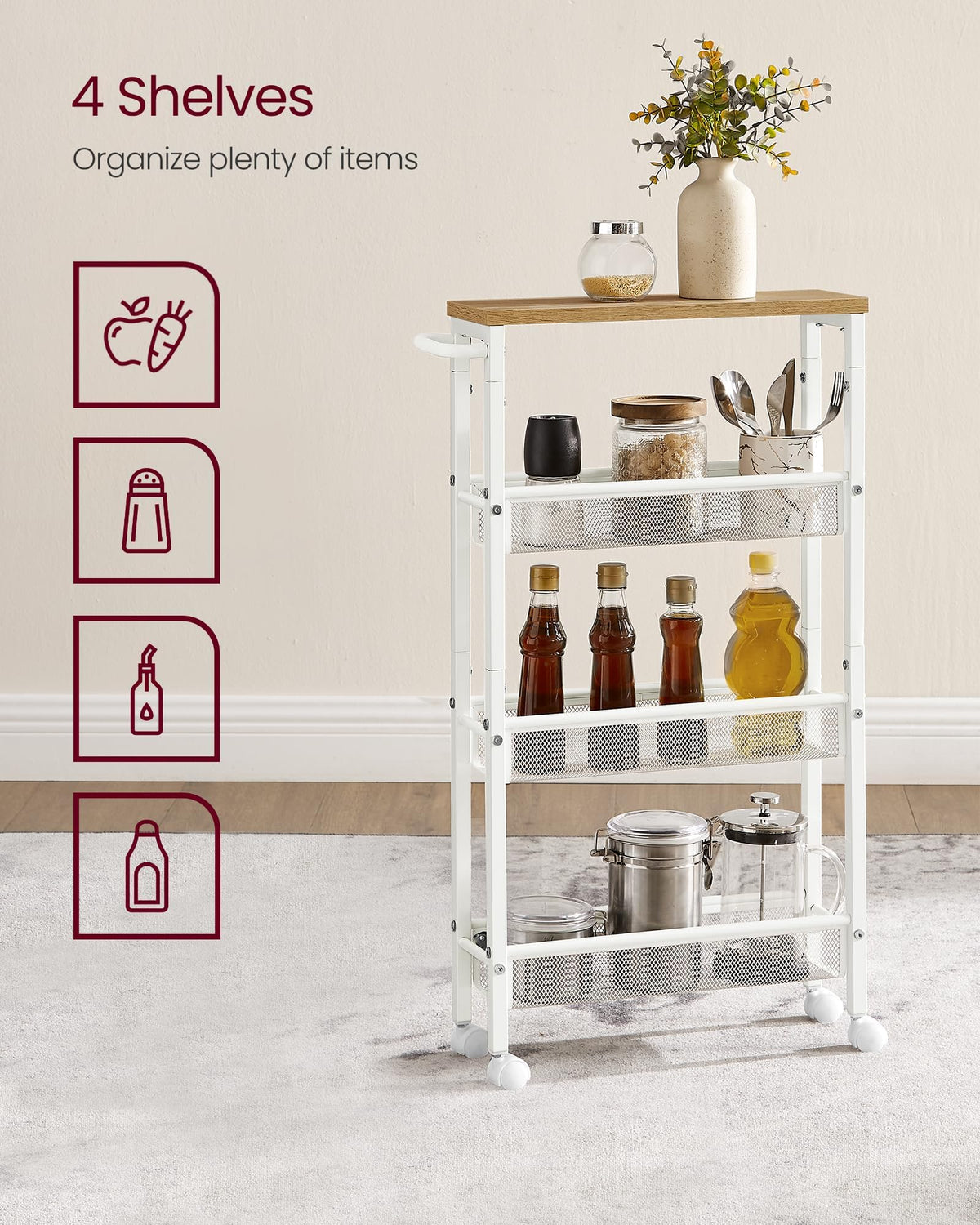 VASAGLE cart moves smoothly on 360-degree swivel casters.