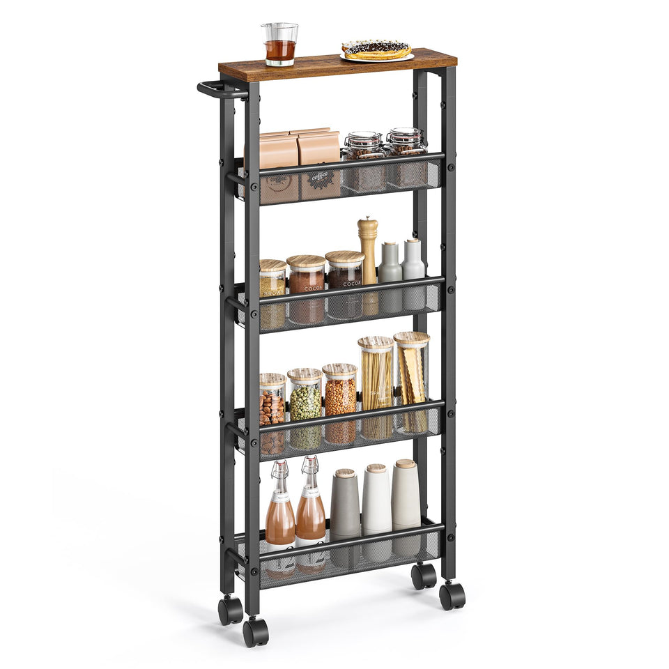VASAGLE slim rolling cart front view shows a compact profile for tight spaces and easy placement.