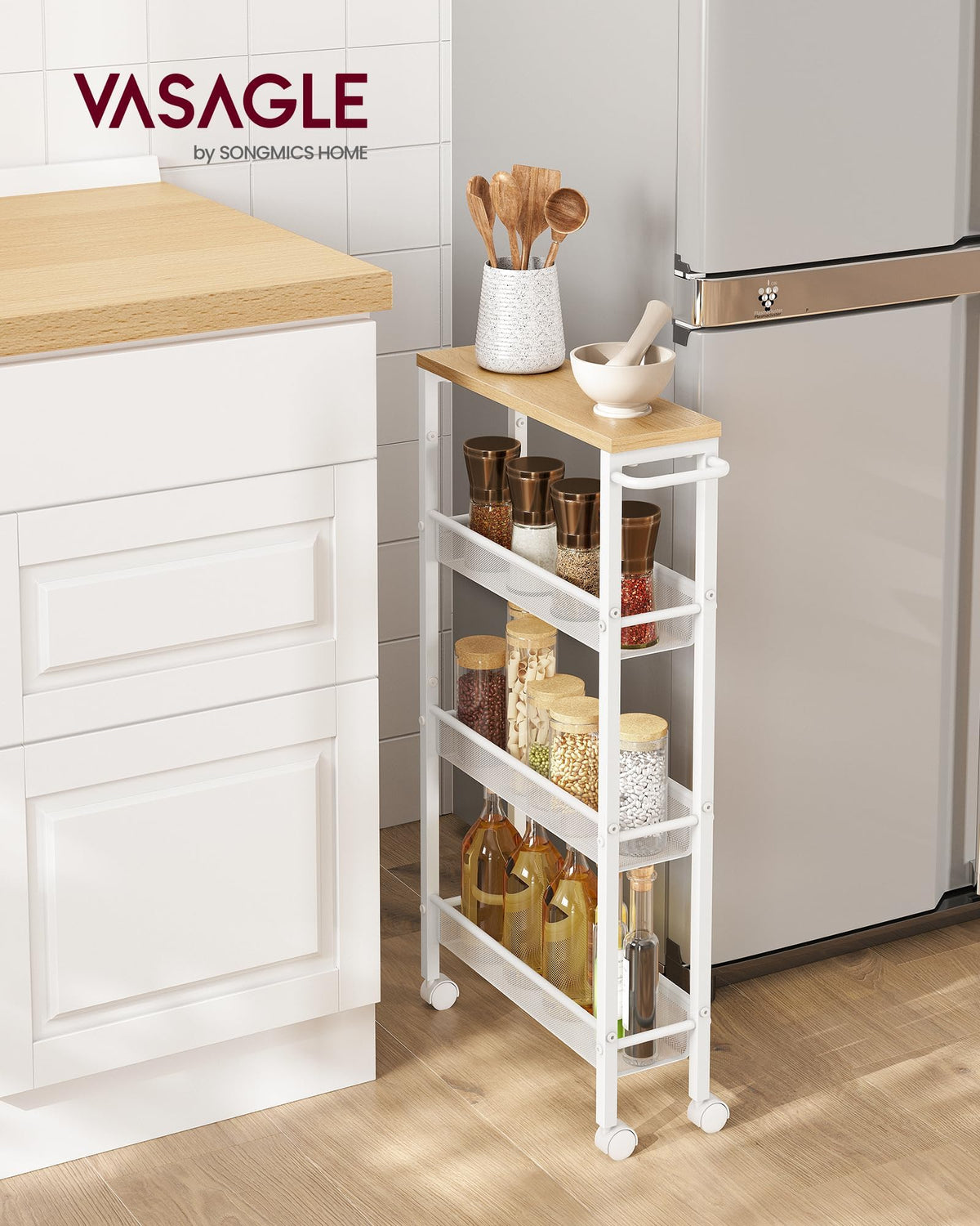 VASAGLE Slim Rolling Cart fits between counters and fridges for extra storage.