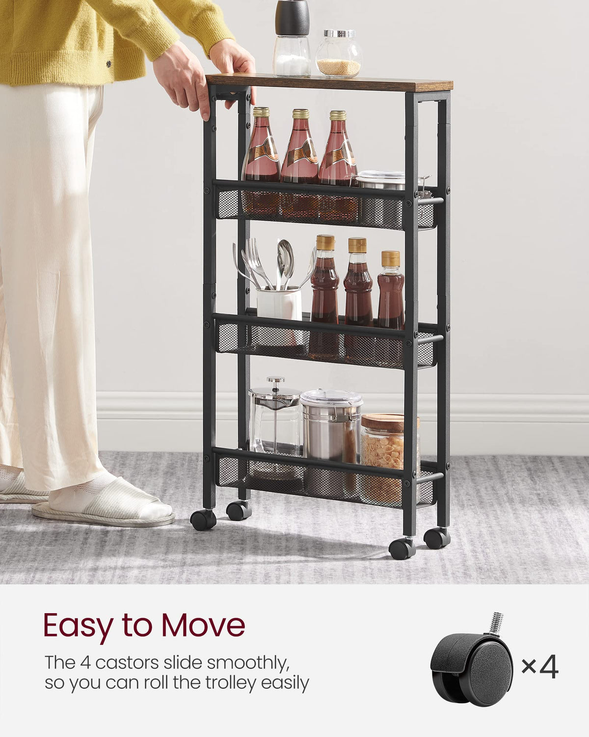 VASAGLE Slim Rolling Cart steel-frame-durable for long-term use.