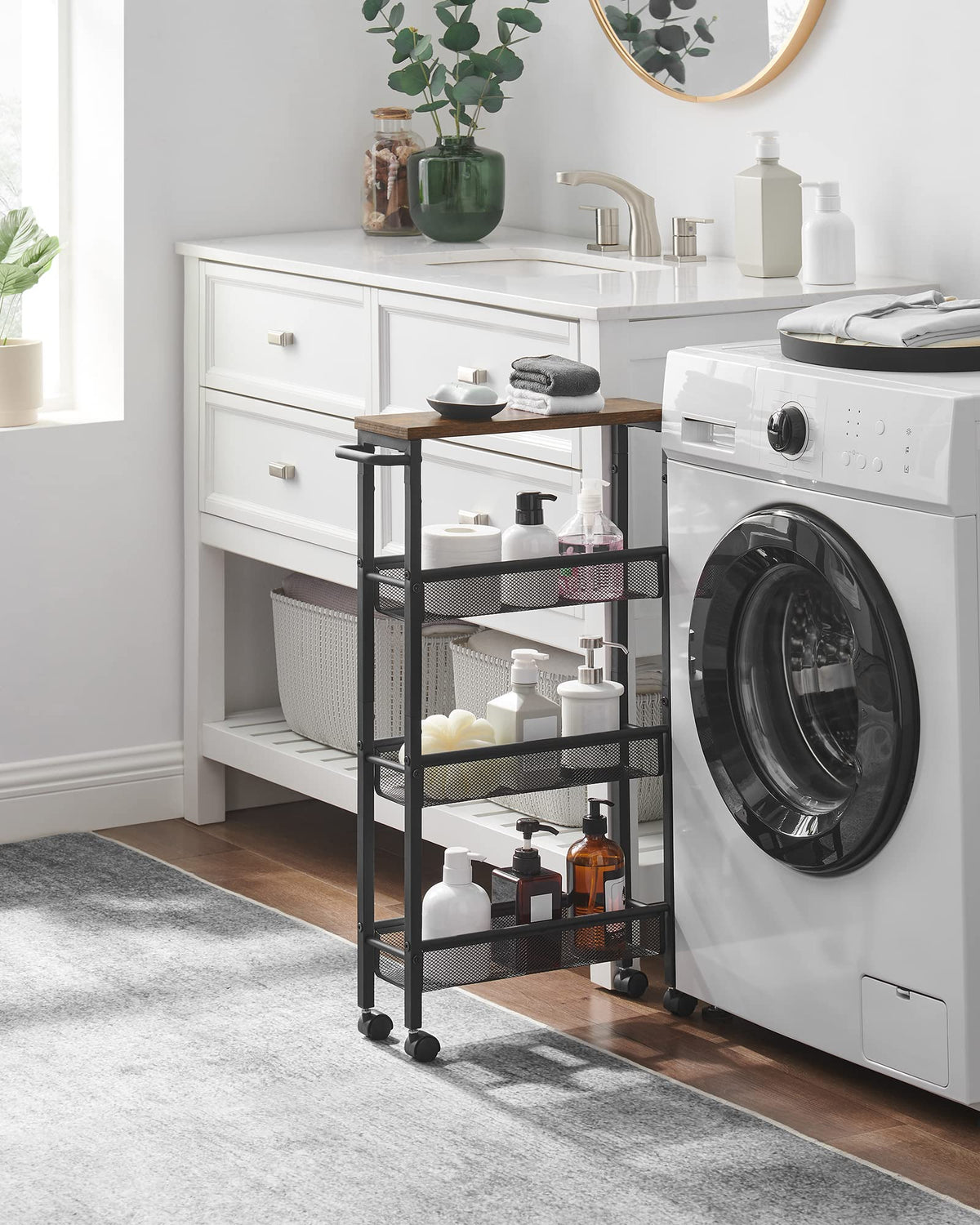 VASAGLE Slim Rolling Cart three-baskets-storage stores snacks neatly.