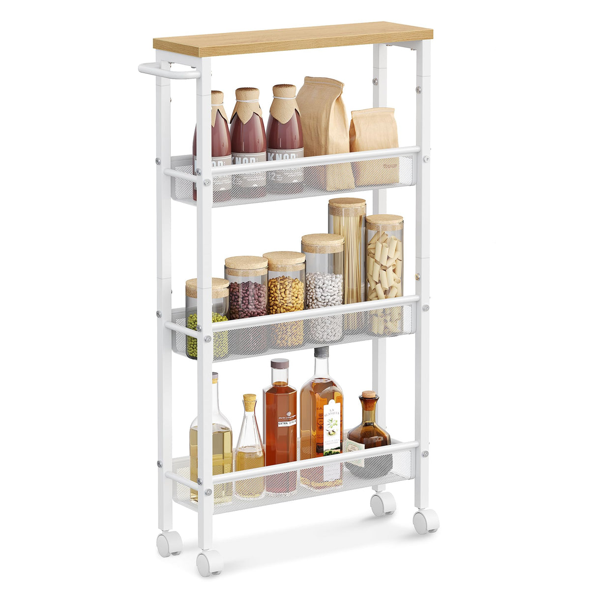 VASAGLE Slim Rolling Cart top shelf holds spices for quick kitchen access.