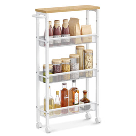 VASAGLE Slim Rolling Cart top shelf holds spices for quick kitchen access.