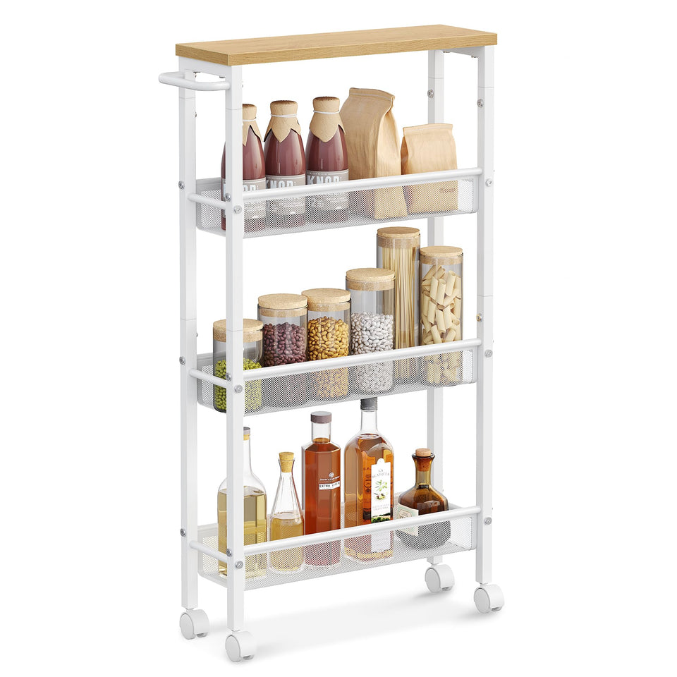 VASAGLE Slim Rolling Cart top shelf holds spices for quick kitchen access.