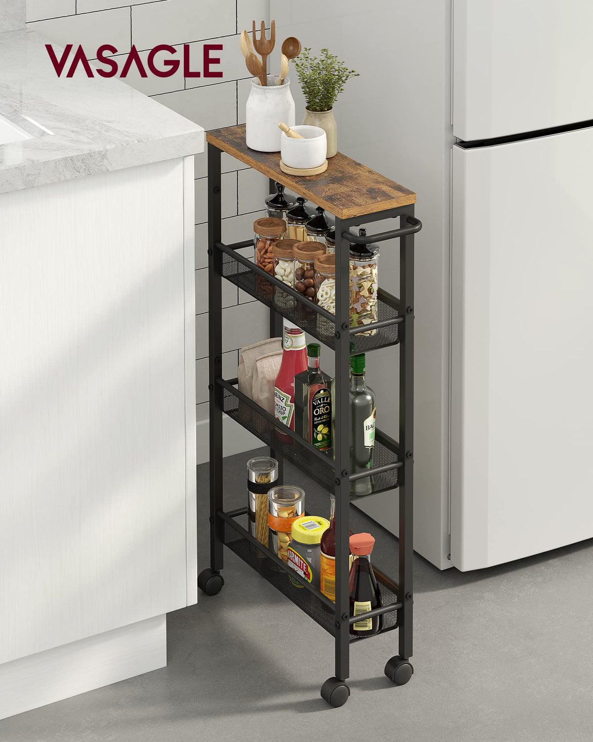 VASAGLE Slim Rolling Cart top-shelf-spices keeps bottles within easy reach.