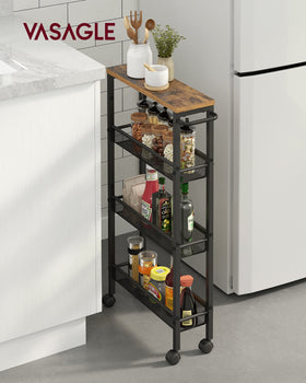 VASAGLE Slim Rolling Cart top-shelf-spices keeps bottles within easy reach.