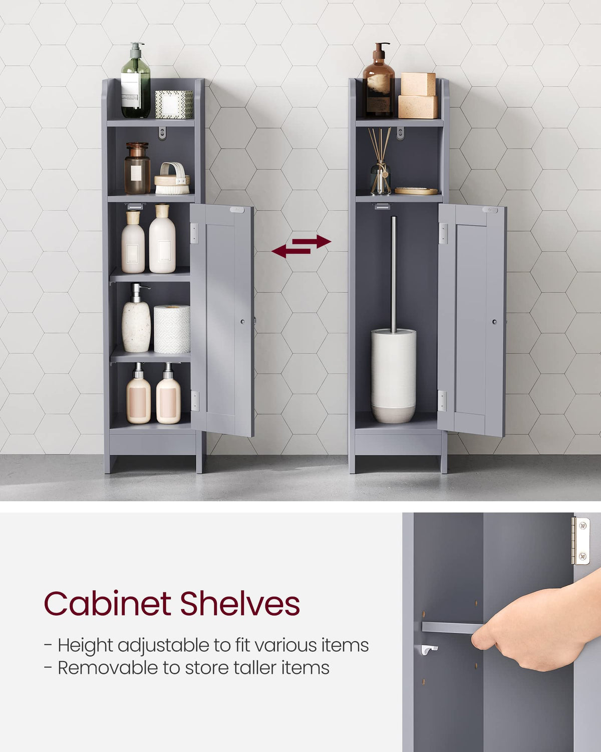 VASAGLE bottom hidden storage stores extra toilet paper or towels out of sight.